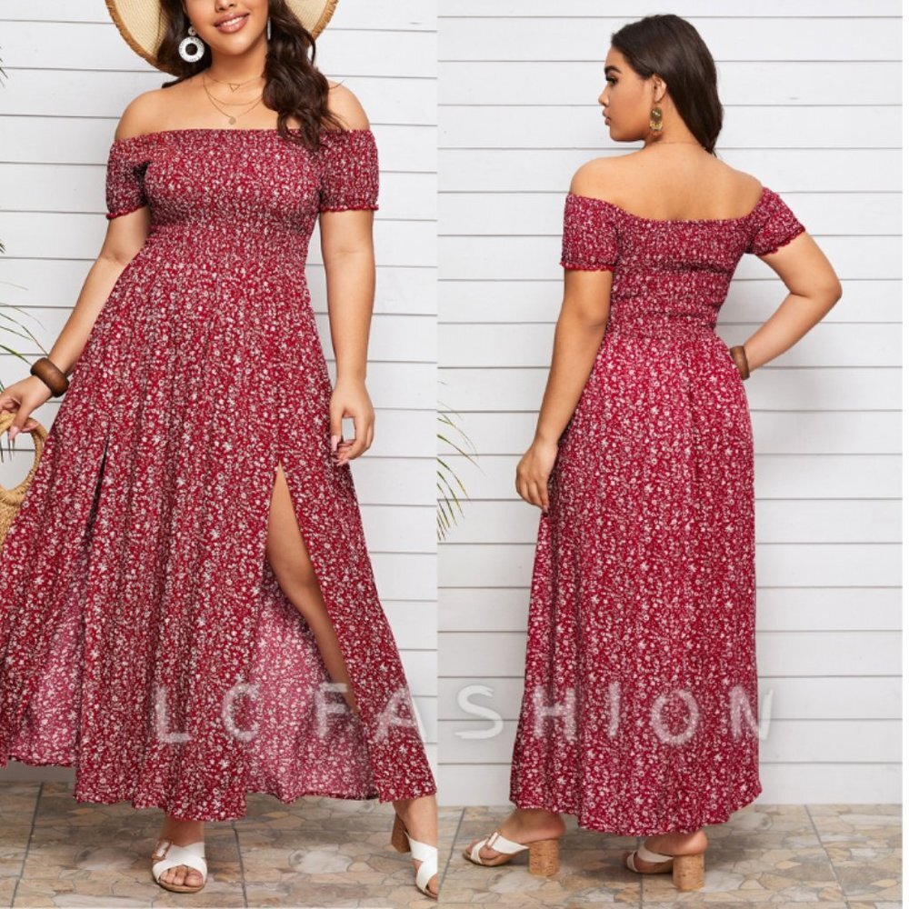 Plus Boho Dress, Off Shoulder Shirred Split Thigh Floral Dress, Summer dress